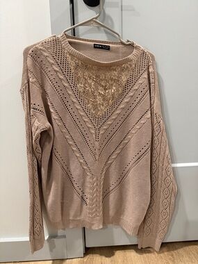 SHEIN Taupe Lace-Inset V-Neck Knit Sweater